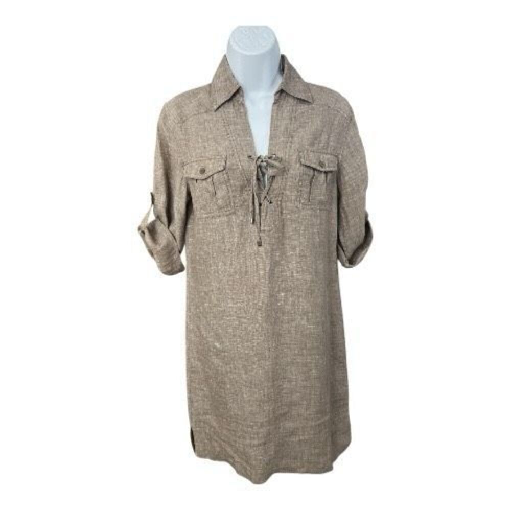 Tommy Bahama Women Size XS Brown Linen Collared Shirt Dress Roll-Tab Sleeve - Picture 13 of 15